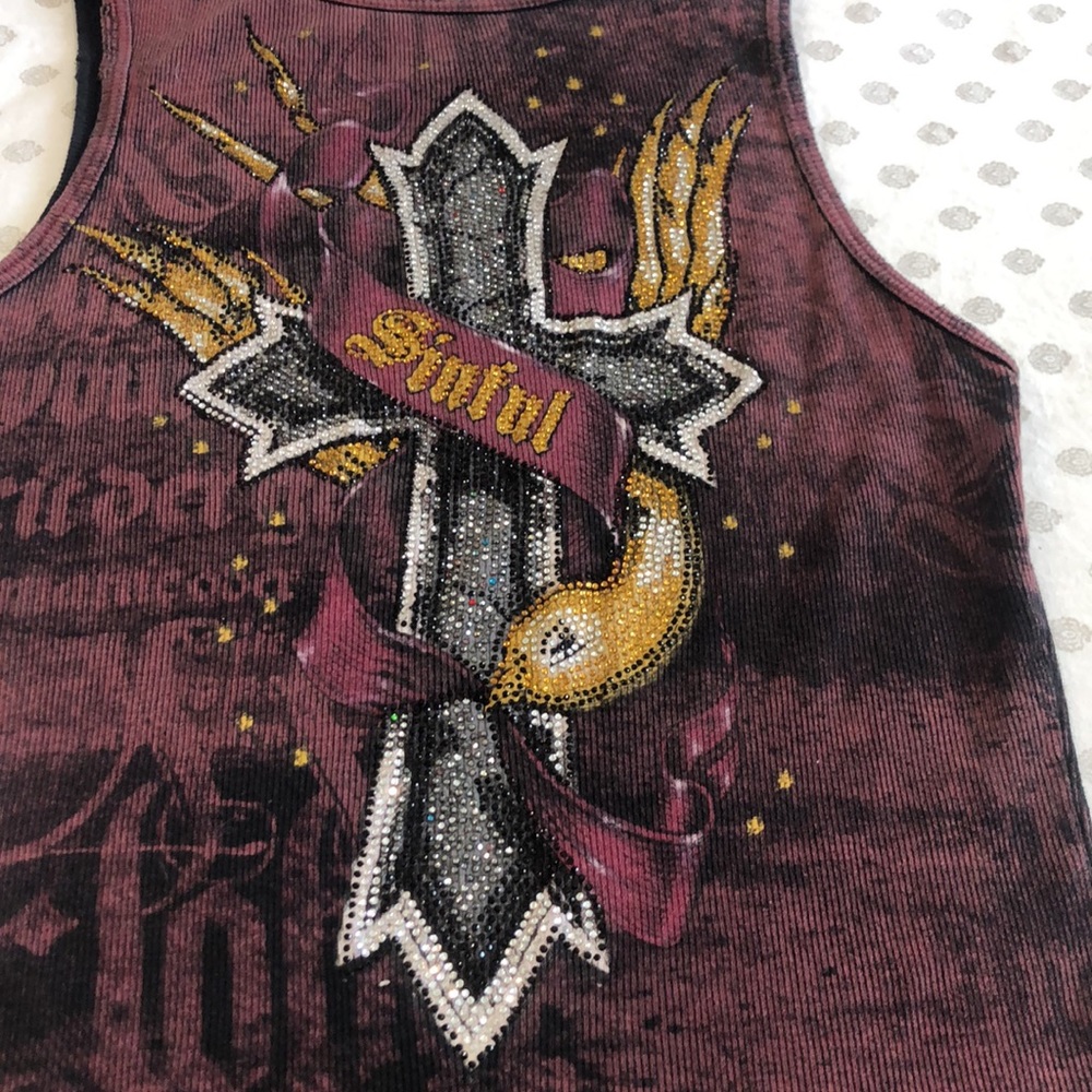SINFUL Affliction T shirt Black Rhinestones Cross